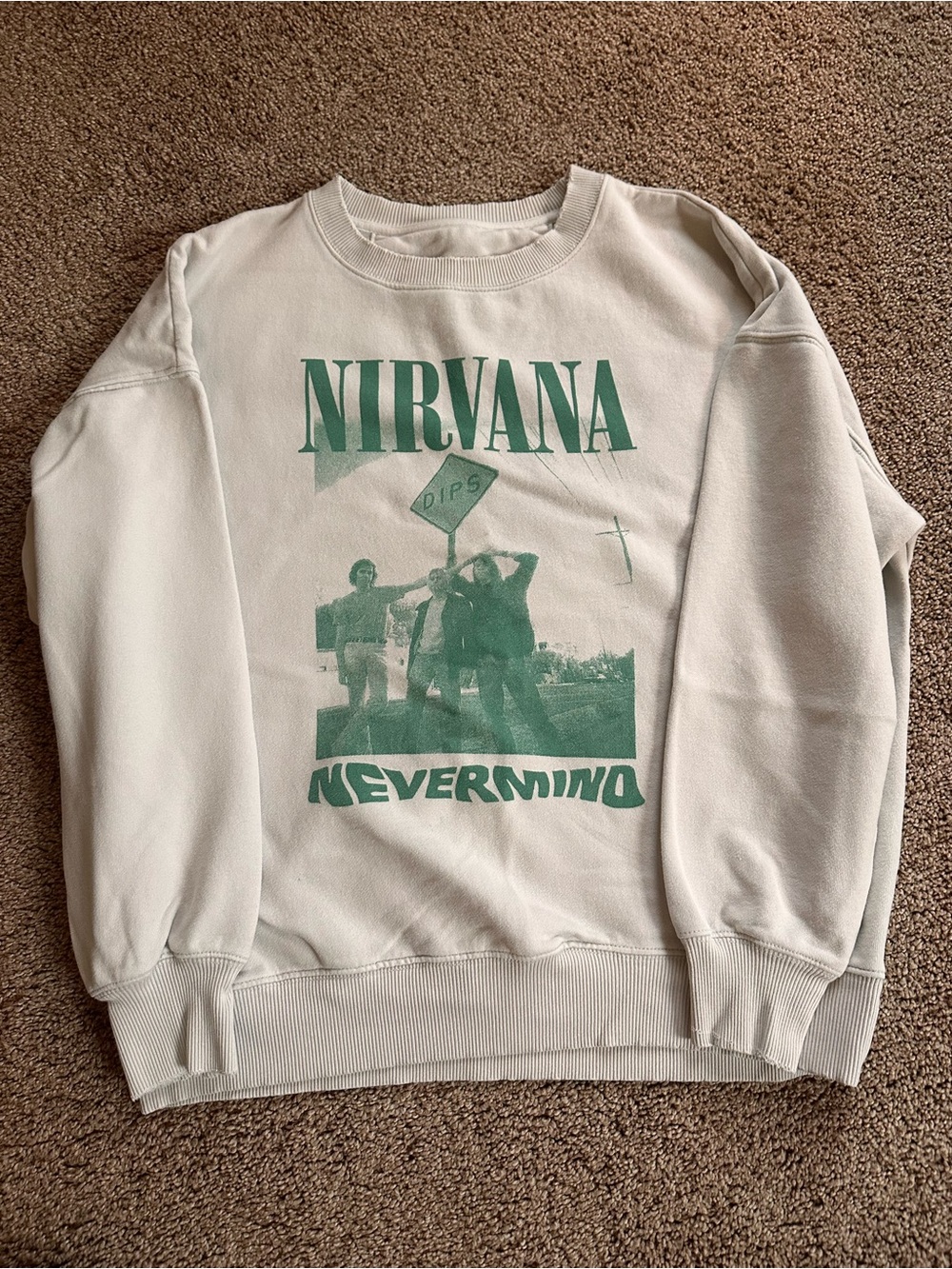 American Eagle Outfitters Cream Crewneck with Green Nirvana Graphic